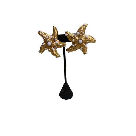 Earring- gold nautical clip 2”x 2” with clear crystals & white jet - Picture 1 of 2